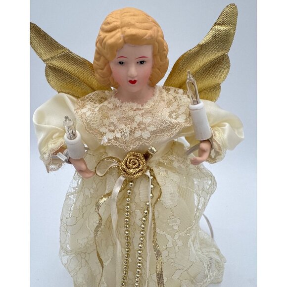 Vintage 10" Angel Tree Topper Lace Dress & Gold Wings Electric Lighted Figurine - Picture 5 of 9